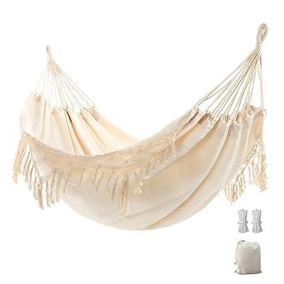 Double Boho Macrame Hammock with Elegant Tassels for Patio, Yard, Beach Wedding Decor, Outdoor and Indoor Up to 450lbs Include Tie Ropes and Drawstring Bag