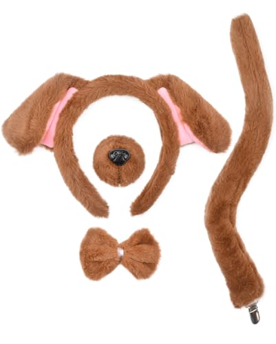 4 Pieces Dog Ears and Tail Set-Brown Dog Headband Nose Tail Bow Tie Cosplay Party Halloween Costume Accessories