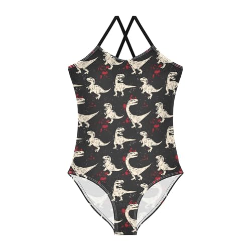 Dinosaurs Red Dot Pattern Girls Swimsuits Quick Dry Crossback One Piece Beach Swimwear Bathing Suit