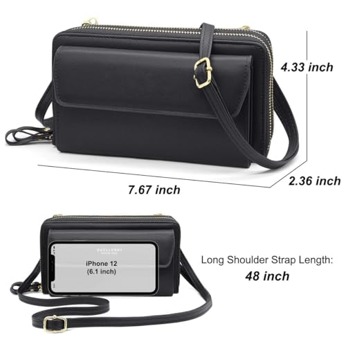 Image of Women Leather Wallet Crossbody Shoulder Bag with Double Zipper and Mobile Phone Purse with Shoulder Strap