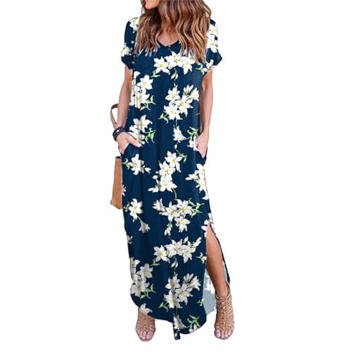 HUSKARY Women's Summer Maxi Dress Casual Loose Pockets Long Dress Short Sleeve Split Maxi Dresses X-Small Army Green 01
