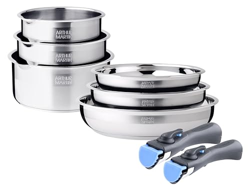 Arthur Martin, Ensemble de Cuisine 8 pièces en Acier Inoxydable - 3 Poêles (20-24-26 cm), 3 Casseroles (16-18-20 cm), 2 Poignées Amovibles, Tous Feux Induction, Intérieur Satiné, Graduation Intérieure