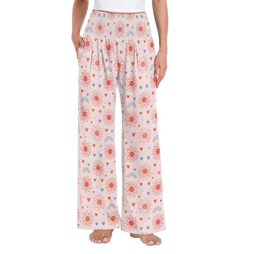 Pantalon ample rose rouge taille haute motif marguerites fluide pour femme