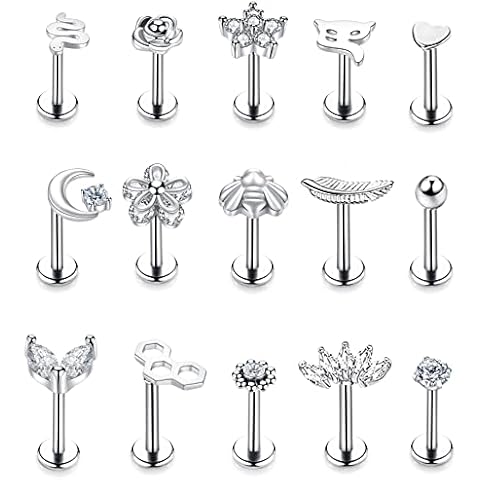 NICEIGHT 15PCS 16G 316L Stainless Steel Cartilage Earring Stud Internal Thread CZ Flower Moon Labret Studs Tragus Helix Monroe Piercing Jewelry Silver Cover