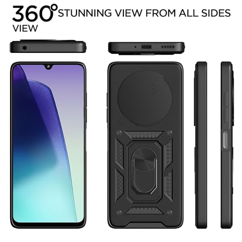 Image of Pikkme D10 Tough Armor Back Cover | 360 Protection Case | Sliding Camera Shield Cover & Ring Holder Stand Bumper Case for Redmi A4 5G / Redmi 14C 5G / Poco C75 5G (Black)