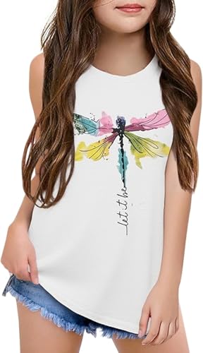 Image of Qbily Tank Tops for Girls Kids Summer Casual Cute Sleeveless Crewneck Graphic T Shirt 5-14 Years