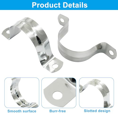 Image of 25 Pack, 1-1 /2 Inch (40mm) M40 Rigid Pipe Strap | Stainless Steel, Two Hole Cable Strap, U Bracket Conduit Clamp, Silver