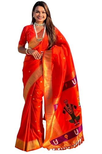 Image of SGF11 Women's Kanjivaram Paithani Silk Saree With Unstitched Blouse Piece