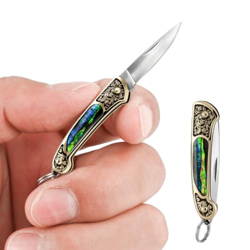 A micro folding knife with an abalone shell handle that looks like a tiny piece of jewelry — striking enough to display, useful enough to actually carry.