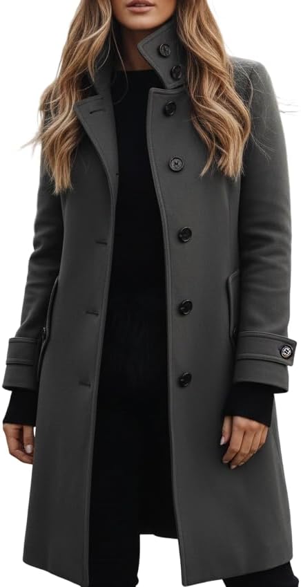 Women's Long Trench Coat with Belt, Single-Breasted Button Down Overcoat, Chic Notched-Lapel Long Jacket for Fall Winter Everyday Wear