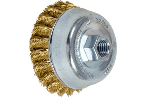 Image of PFERD Standard Twist Knot Cup Brush, Brass Wire, 3-1 /2 inch Diameter, 5 /8-11 External Thread, 0.014 Wire Size, 7 /8 inch Trim Length, 12500 RPM, POP Packaging - Part 82368