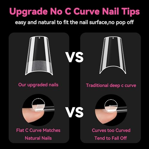Image of UNA GELLA No C Curve Medium Square Nail Tips 216 Pcs Pre-file Half Cover Straight Square Gel Nail Tips Clear Fake Nails Tips Half Matte Long Lasting For Nail Extension Home DIY Salon 12 Sizes