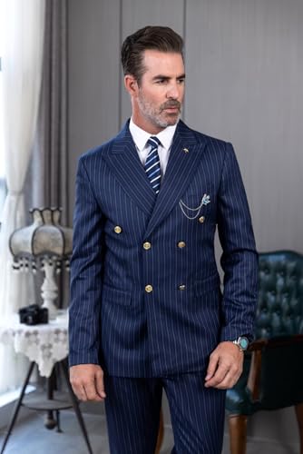 Pinstriped Men‘s Suits Double Breasted 2-Piece Blazer Pants Peak Lapel Slim Fit Tuxedo Set Wedding Prom3