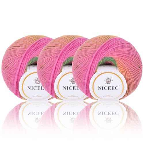 Image of NICEEC 3 Skeins 100% Rainbow Wool Yarn Soft Gradient, Self-Striping, Colorful Single Ply Yarn for Crochet & Knitting (Total 196ydsx3 /1.76ozx3) - 29#