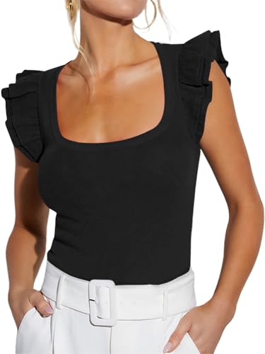 Image of INFITTY Womens Tops Cute Ruffle Sleeve Square Neck T Shirts Ribbed Knit Ladies Tops Slim Casual Pullover Tunic Top Black L
