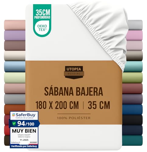 Utopia Bedding Sabana Bajera 180x200 - Blanco - Bolsillo Profundo - Microfibra De Poliéster Cepillado Cama 180