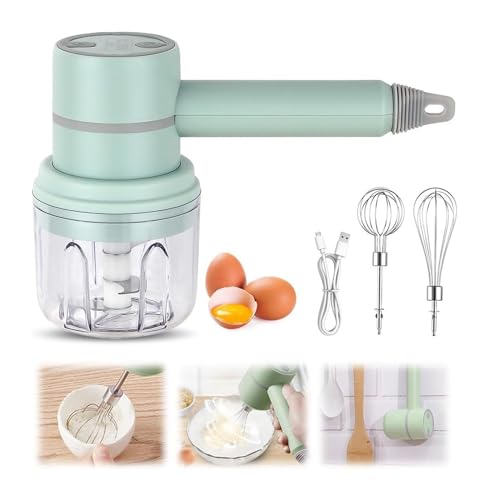 BINWAN Mélangeur entièrement Automatique 3 en 1, Mini Hachoir à ail, mélangeur à Main sans Fil avec Batteur à œufs et bâton de crème, for la Cuisson et la Cuisson en Cuisine(Green 250ML)