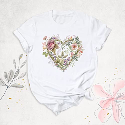 Women Floral Heart Design Graphic T-Shirt, Vintage Flowers Print Tee Shirt, Pressed Flowers Shirt, Aesthetic Nature Shirt, Valentines Day, Mothers Day Gift, Unisex Sizing #TOP5