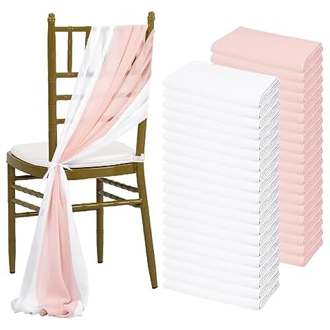 Teruntrue 40 Pcs Chiffon Chair Sashes for Wedding Chair Decorations Wedding Aisle Decorations, Includes 20 Pcs White + 20 Pcs Pink, for Wedding Aisle Chair Decoration, Pink Cover