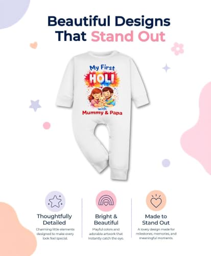 Image of ARVESA My First Holi Baby Romper for Baby Boy and Baby Girl White Cotton 0-12 Months Design No 2123 Infant My First Holi Printed Cotton Romper