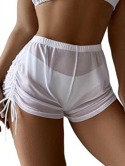 Women's High Waist Beach Cover Up Shorts, Mesh Sheer Bikini Bottom, Drawstring Side Athletic Shorts