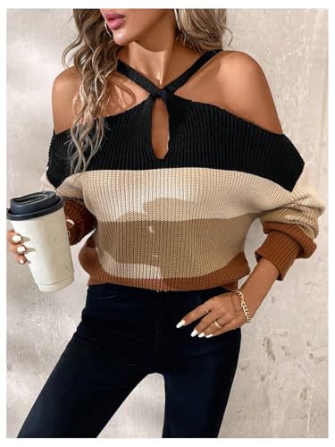 Image of GORGLITTER Women's Cold Shoulder Sweater Criss Cross Color Block Long Sleeve Pullover Tops Black and Brown Medium