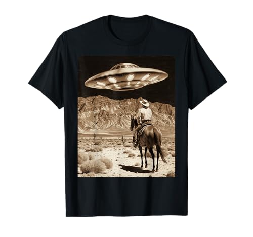 Vintage Retro Cowboy Looking UFO Desert OVNI Joke Mujeres Hombres Camiseta