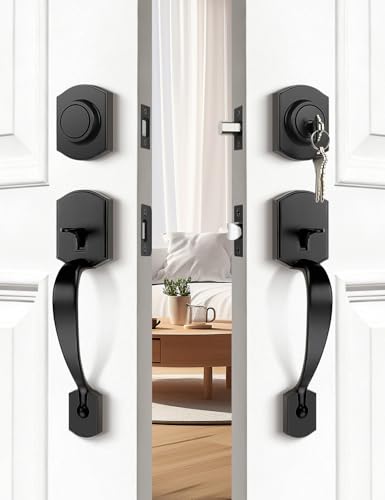 Image of Tinewa Matte Black Double Front Door Handleset with Deadbolt - Upgraded Entry Door Handle Featuring Accent Wave Lever, Keyed & Dummy Exterior Handleset Combination