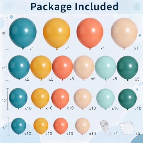 Image of Boho Rainbow Balloon Arch Kit,Retro Colorful Balloon Garland with Dusty Teal Blue Yellow Light Orange Balloons and Retro Orange Fog Blue Balloon for Easters Autumn Birthday Sunshine Party Decoration