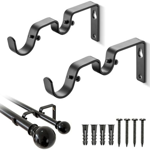 Double Curtain Rod Bracket - 2 Pack, Heavy Duty Double Curtain Rod Holder Wall Mounted, Double Curtain Hooks for 1