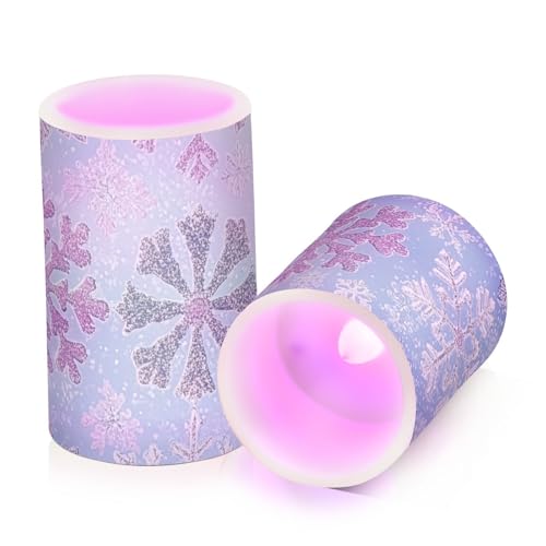 Image of Christmas Lights Flameless Candles Snowflake Light Blue Purple B Pillar Candles Set of 2 Battery Operated Remote Control Warm Lights Home Decor