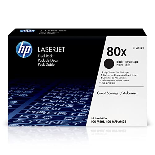 Original HP 80X Black High-yield Toner Cartridges (2-pack) | Works with HP LaserJet Pro 400 M401 Series, HP LaserJet Pro 400 MFP M425 Series | CF280XD
