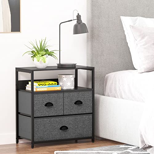 Furologee Nightstand With 3 Drawers, Dresser With Storage Shelf, Bedside Table/Closet Organizer, Rustic Fabric Linen Bins & Wooden Top For Bedroom, Hallway, Hotel (Dak Grey) #TOP1