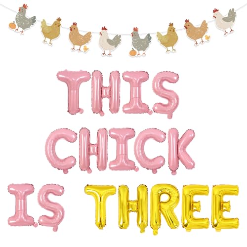 Wonmelody Chicken 3rd Birthday Party Decoration This Chick is Three Birthday Party Decor Balloon Banner Pink Boho Chicken Hanging Banner Barnyard Farm Animals Theme Bday Party Decor for Boy Girl