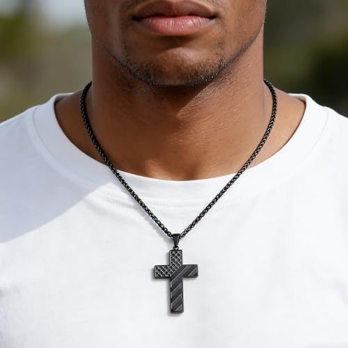 RINHOO 2cps American Flag Cross Necklace for Men Inspirational Bible Verse Cross Pendant Stainless Steel Religious Christian Necklace (Silver+Black-Do not) - image 6