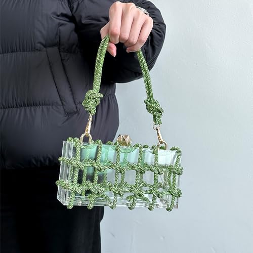 Image of Clear Clutch Acrylic Green Purses for Women, Rhinestones Handbags with Glitter Rope, Club Party Banquet