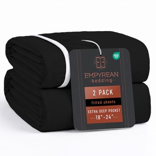 Empyrean 2 Pack Black Extra Deep Pocket Fitted Sheet Queen, Hotel Luxury Queen Fitted Sheet Only Fits 18 to 24 Inch Mattress, Super Soft, Wrinkle-Free and Breathable Bottom Sheets with Corner Straps