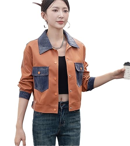 Veste en cuir pour femmes vêtement d'extérieur de moto orange coupe classique automne-hiver XXL