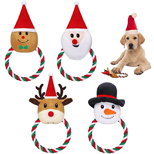 Pedgot 4 Pieces Christmas Squeaky Interactive Dog Toys Set Christmas Dog Plush Squeaky Toy Stuffed Puppy Teething Chew Toys Durable Plush Xmas Pet Gift for Dogs