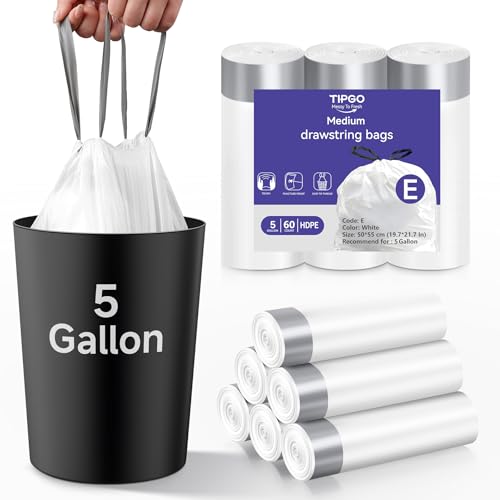 TIPGO 5 Gallon Trash Bags Drawstring Pre-Cut Strong Wastebasket Bin Liners White Garbage Bags for Home Office Bathroom (Code E 60 Count)