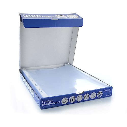 Fundas Multitaladro calidad extra - 80 Micras - Polipropileno 100% reciclable - Multiples Tamaños y Formatos - by Offcice Box (A4-100 Unidades)