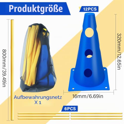 XEIYEI 6er Sports Steckhürdenset Cavaletti Agility Set Hunde Hürden Steckhürdenset 12 Kegel 32cm + 6 Stangen 80cm Agility Koordinationstraining Set für Kinder Hunde Teamsport Fussball