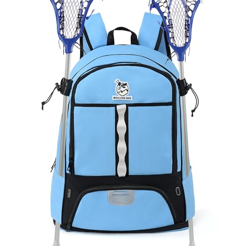 Boulder Bee Lacrosse Backpack with Stick Holders, Field Hockey Bag, Lacrosse Gift for Women (Pink and Blue)