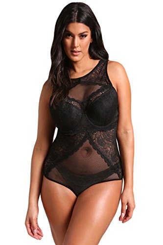 Body Lingerie en Maille Filet BaronHong avec Finitions Dentelle Grande Taille