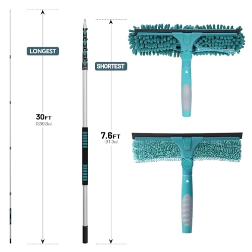 Image of TelesPro 36 Feet High Reach Window Squeegee with 7-30 Ft Extension Pole, Window Cleaner Tool with 5-Stage Telescoping Pole, Window Cleaning Kit with Rotatable Head (2 Squeegee & 2 Microfibre Cloths)