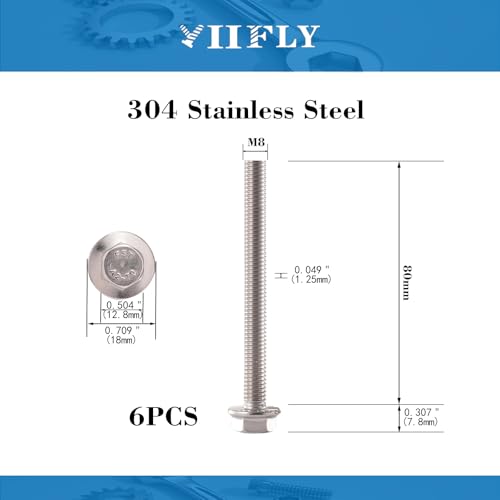 Image of M8x1.25 x 80mm Flanged Hex Head Bolts, 304 Stainless Steel (A2-70), Bright Finish, Fully Threaded, Hexagon Head Flange Bolts, Quantity 6