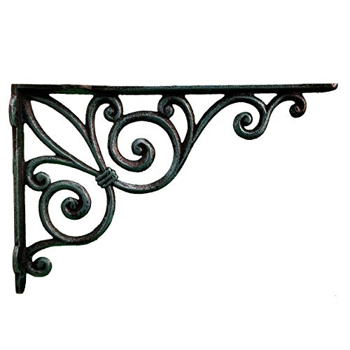 Wall Shelf Bracket Ribbon Fleur De Lis Green Verdigris Cast Iron Brace 11.375" Deep #TOP1