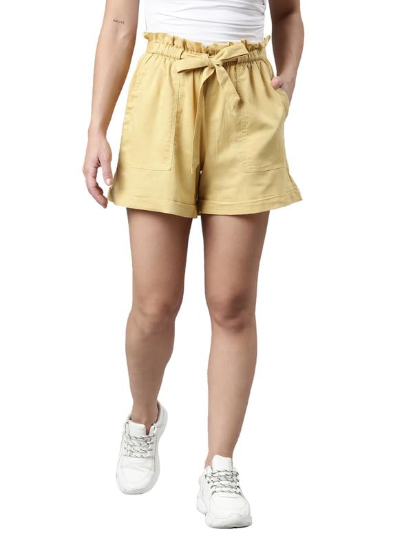 Image of GO COLORS Women Solid High Rise Relaxed Fit Linen Shorts