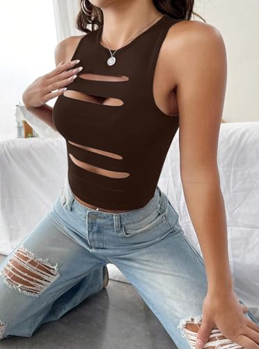 Image of LovelyWholesale Women Sexy Cut Out Crop Tank Tops Crew Neck Summer Sleeveless Top