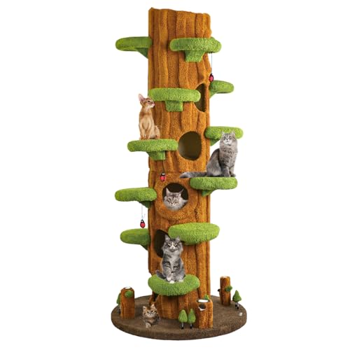 90.5'' Luxury Cat Tree for Indoor Cats, All-in-One Tall Cat Tower with Scratching Post, Multi-Level House, Solid Wood Condo for Multi-Cat Families (Green)
